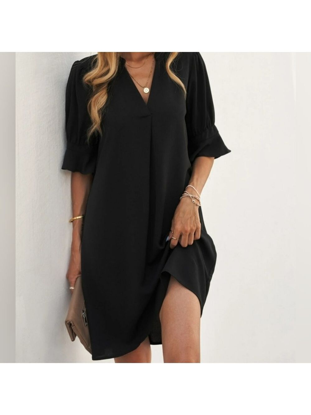 Vee Neck Short Sleeve Tunic Dress Black Size XL - Picture 2 of 9
